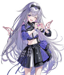 1girl ;d absurdres asymmetrical_sleeves belt black_belt black_bow black_skirt bow center-flap_bangs center_frills collared_shirt colored_inner_hair commentary_request cropped_shirt detached_sleeves detached_wings double-parted_bangs frills gem gradient_hair hair_bow hair_flaps heart heart_hands highres hololive hololive_english hololive_idol_uniform_(color_rise) idol_clothes jewel_under_eye kitada_mo koseki_bijou long_hair looking_at_viewer metal_wings miniskirt mismatched_sleeves multicolored_hair multicolored_shirt official_alternate_costume one_eye_closed open_mouth pink_hair puffy_detached_sleeves puffy_short_sleeves puffy_sleeves purple_eyes purple_gemstone purple_hair purple_shirt shirt short_sleeves sidelocks simple_background single_detached_sleeve single_sleeve skirt smile solo straight-on very_long_hair virtual_youtuber white_background white_shirt wings