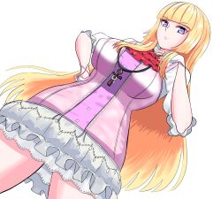 1girl absurdres binbincho blonde_hair blue_eyes breasts dress emilie_de_rochefort fingerless_gloves gloves highres large_breasts long_hair looking_at_viewer namco short_sleeves tekken tekken_8 very_long_hair white_background