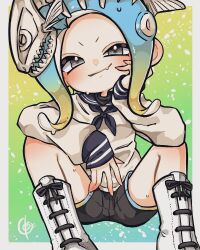Rule 34 | 1girl, black outline, black shorts, blonde hair, blue hair, blue neckerchief, blue sailor collar, blush, boots, border, closed mouth, commentary request, gradient hair, grey eyes, looking at viewer, multicolored hair, neckerchief, nintendo, octoling girl, octoling player character, outline, outside border, sailor collar, sailor shirt, shirt, shisyamotyan, shorts, sitting, smile, solo, splatoon (series), splatoon 3, tentacle hair, two-tone hair, v-shaped eyebrows, white boots, white border, white shirt