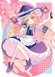 Rule 34 | 1girl, :d, ability card (touhou), apron, black boots, black hat, black skirt, black vest, blonde hair, blush, boots, bow, bright pupils, card, commentary request, frilled apron, frilled skirt, frills, full body, hat, hat bow, highres, holding, holding card, kirisame marisa, long hair, looking at viewer, mini-hakkero, open mouth, puffy short sleeves, puffy sleeves, red eyes, shirocha tei, shirt, short sleeves, skirt, skirt set, smile, solo, sparkle, touhou, turtleneck, turtleneck shirt, twitter username, vest, waist apron, watermark, white apron, white bow, white pupils, white shirt, witch hat