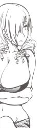 1girl breasts cleavage crossed_arms crossed_legs drill_hair half-closed_eyes highres huge_breasts legs looking_to_the_side mature_female medium_hair midriff monochrome navel oriana_thomason sarong sitting smile smug tank_top thighs toaru_majutsu_no_index traditional_media