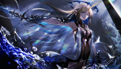 1girl absurdres armored_gloves bare_shoulders black_collar black_dress blonde_hair blue_eyes blue_hair breasts closed_mouth collar commentary cowboy_shot crown_of_thorns dress earrings fleurdelys_(wuthering_waves) floating_earrings highres holding holding_sword holding_weapon jewelry large_breasts long_hair looking_at_viewer necklace outstretched_arm parted_bangs pointy_ears sidelocks solo sword tabard tacet_mark_(wuthering_waves) weapon white_tabard wuthering_waves yirin