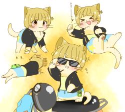 &gt;_&lt; animal animal_focus animalization blonde_hair blush brown_eyes closed_eyes closed_mouth clothed_animal fukuda_noriko grin hair_ornament hutaba idolmaster idolmaster_million_live! jacket leather leather_jacket multiple_views no_humans open_mouth short_hair smile star_(symbol) star_hair_ornament sunglasses