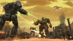 5boys absurdres aircraft airplane artist_name battletech cannon commentary desert deviantart_username dropship english_commentary explosion fighter_jet firestarter_(battletech) firing flamethrower gas_mask gun highres laser mask mecha military military_vehicle motor_vehicle multiple_boys patreon_username rifle robot rocket_launcher science_fiction soldier spacecraft spooky777 truck vulcan_(battletech) war weapon wolverine_(battletech)