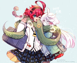 2girls artist_name bag bag_charm black_hairband blue_background blue_bag blue_eyes blue_skirt blush charm_(object) closed_mouth commentary_request cool_(gundam_suisei_no_majo) dated green_scarf grey_bag gundam gundam_suisei_no_majo hairband highres hots_(gundam_suisei_no_majo) izumiya_otoha jacket long_hair miorine_rembran multiple_girls one_eye_closed open_mouth plaid_clothes plaid_skirt pleated_skirt ponytail scarf school_bag school_uniform shared_clothes shared_scarf simple_background skirt smile suletta_mercury twitter_username white_eyes white_hair white_jacket yuri
