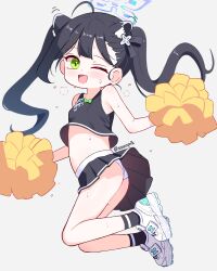 1girl absurdres animal_ear_fluff animal_ears artist_name ass black_hair black_skirt black_socks black_tank_top blue_archive blue_halo commentary extra_ears full_body green_eyes grey_background halo highres loli looking_at_viewer navel one_eye_closed open_mouth panties pom_pom_(cheerleading) shoes shun_(blue_archive) shun_(small)_(blue_archive) simple_background skirt socks solo sseopik sweat tank_top twintails underwear white_panties white_shoes