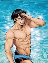 1boy abs artist_name ass bara batman_(series) black_hair black_male_swimwear blue_eyes dc_comics dick_grayson highres large_pectorals male_focus male_swimwear melonnabar muscular muscular_male navel nightwing nipples pectorals short_hair sideburns smile solo swim_trunks teeth topless_male water wet wet_hair