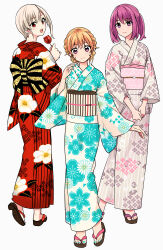 3girls absurdres arato_hisako blonde_hair blush candy_apple floral_print floral_print_kimono food full_body green_kimono grey_hair grey_kimono highres holding holding_food japanese_clothes kimono multiple_girls nakiri_alice nakiri_erina obi pink_eyes pink_hair print_kimono red_kimono sandals sash shokugeki_no_souma short_hair smile standing toy-black white_kimono