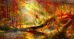 00 1girl arms_up autumn autumn_leaves colorful commentary dress elf female_focus forest highres leaf long_hair nature original outdoors pointy_ears pond profile ripples scenery see-through_silhouette solo tree water white_dress wind