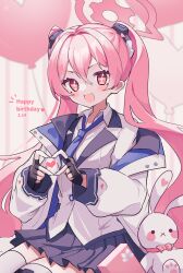 Rule 34 | + +, 1girl, :d, absurdres, black gloves, black skirt, blazer, blue archive, blue necktie, collared shirt, commentary request, dress shirt, fingerless gloves, gloves, halo, happy birthday, heart, heart hands, highres, jacket, karunabaru, koyuki (blue archive), long hair, long sleeves, looking at viewer, miniskirt, necktie, open mouth, pink eyes, pink hair, pink halo, pleated skirt, puffy long sleeves, puffy sleeves, revision, shirt, skirt, smile, solo, very long hair, white jacket, white shirt