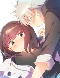 1boy 1girl absurdres black_shirt boy_on_top brown_eyes brown_hair closed_mouth commentary grey_hair grey_jacket hetero highres jacket kiruko_(tengoku_daimakyou) light_blush looking_at_another maru_(tengoku_daimakyou) nyaa_(nnekoron) shirt simple_background tengoku_daimakyou white_background