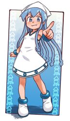 1girl beachepisode blue_eyes blue_hair blush breasts closed_mouth fang fang_out full_body highres ikamusume long_hair looking_at_viewer pointing pointing_at_viewer shinryaku!_ikamusume shoes small_breasts smile solo tentacle_hair white_shoes