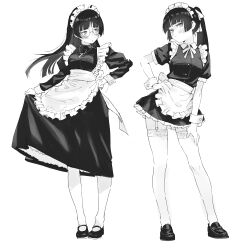 2girls apron blush bow bowtie collared_shirt contrapposto dress frilled_apron frills garter_straps glasses gloves gokou_ruri greyscale hand_on_own_hip highres jewelry lace lace-trimmed_thighhighs lace_trim loafers long_hair long_sleeves looking_to_the_side maid maid_headdress miniskirt monochrome multiple_girls necklace ore_no_imouto_ga_konna_ni_kawaii_wake_ga_nai petticoat ponytail puffy_short_sleeves puffy_sleeves rhinth shirt shoes short_sleeves shy simple_background skirt sleeve_cuffs thighhighs waist_apron white_background wrist_cuffs