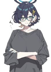 1girl absurdres aqua-framed_eyewear aqua_eyes aqua_nails arms_under_breasts baggy_clothes black_hair black_halo blue_archive breasts chihiro_(blue_archive) grey_shirt hair_ornament halo highres large_breasts looking_at_viewer medium_hair nail_polish rabbit_hair_ornament shirt sub_mhl surprised white_background