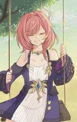 Rule 34 | 1girl, absurdres, bare shoulders, closed eyes, commentary, cyrene (honkai: star rail), dress, english commentary, facing viewer, hair intakes, hair ornament, highres, honkai: star rail, honkai (series), jewelry, long sleeves, medium hair, necklace, off-shoulder dress, off shoulder, on swing, pink hair, polkacat, purple dress, solo, swing, two-tone dress, white dress