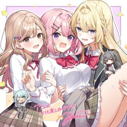 Rule 34 | 5girls, ;d, amaori renako, aqua hair, black hair, blonde hair, blush, bow, braid, brown hair, carrying, chibi, hair ornament, hand on another&#039;s thigh, hand on another&#039;s waist, highres, koto satsuki, koyanagi kaho, multiple girls, one eye closed, open mouth, ouzuka mai, pink hair, princess carry, red bow, school uniform, sena ajisai, smile, sweatdrop, thighs, watashi ga koibito ni nareru wake naijan murimuri!, wavy mouth