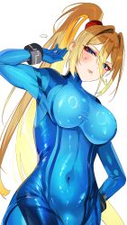 ... 1girl absurdres blonde_hair blue_bodysuit blue_eyes blush bodysuit bracelet breasts commentary covered_navel highres jewelry large_breasts long_hair looking_at_viewer metroid mole mole_under_mouth navel nintendo ponytail samus_aran simple_background skin_tight solo speech_bubble spoken_ellipsis super_smash_bros. underlighting yasaikakiage zero_suit