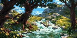 blue_sky cloud day forest grass highres hill landscape mountain mountainous_horizon nature no_humans original outdoors philipp_urlich pixel_art river scenery sky stream tree water