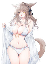 1girl absurdres animal_ears bare_shoulders bikini braid breasts brown_hair cat_ears cat_girl cat_tail cleavage facial_mark final_fantasy final_fantasy_xiv highres looking_at_viewer miqo&#039;te navel open_mouth sana_(sanamaru_0w0) side_braid single_braid solo stomach swimsuit swimsuit_cover-up tail warrior_of_light_(ff14) whisker_markings white_background white_bikini yellow_eyes