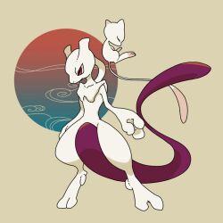 circle closed_eyes closed_mouth collarbone creatures_(company) floating full_body game_freak gen_1_pokemon grey_background legendary_pokemon mew_(pokemon) mewtwo mythical_pokemon nintendo no_humans pokemon pokemon_(creature) purple_eyes satsumapotato standing wind