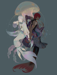 2017 2boys animal armlet artist_name black_scales black_shirt bubble chinese_commentary closed_eyes closed_mouth colored_eyelashes colored_skin dark-skinned_male dark_skin dated earrings fins full_body green_eyes grey_background hand_up harmonica harp highres holding holding_hands holding_instrument instrument jellyfish jewelry lian_yao long_sleeves looking_at_viewer looking_back male_focus merman monster_boy multiple_boys music original personification pisces_(zodiac) playing_instrument pleated_sleeves red_hair scales shirt short_hair skin_tight sleeveless smile white_hair white_scales white_skin wide_sleeves zodiac