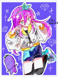 1girl 2025 absurdres aqua_eyes aqua_hairband aqua_shoes aubrey_(faraway)_(omori) aubrey_(omori) baiye832 black_shirt black_thighhighs blue_shorts border bright_pupils chinese_commentary commentary_request crop_top cropped_shirt dated denim denim_shorts diamond_(shape) double-parted_bangs film_grain fingers_to_cheek full_body hair_between_eyes hairband hands_up highres jacket jumping long_hair long_sleeves looking_at_viewer midriff mr._plantegg_(omori) navel omori open_clothes open_jacket outline over-kneehighs parted_lips pink_hair puffy_long_sleeves puffy_sleeves purple_background sailor_collar shirt shoes short_shorts shorts simple_background solo sparkle star_(symbol) stuffed_eggplant stuffed_toy thighhighs white_border white_jacket white_outline white_pupils yellow_sailor_collar