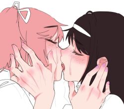 2girls akemi_homura black_hair blush bow closed_eyes crying freckles french_kiss hair_ribbon hairband hand_on_another&#039;s_cheek hand_on_another&#039;s_face happy_tears kaname_madoka kiss long_hair mahou_shoujo_madoka_magica multiple_girls pink_hair pink_nails pockiseisont purple_nails ribbon shirt short_hair simple_background tears twintails white_bow white_shirt