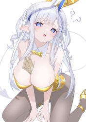 1girl ? ?? @_@ absurdres bare_shoulders between_legs blue_eyes blush bow bowtie breasts brown_pantyhose cleavage collar commentary_request demon_girl demon_horns demon_tail detached_collar grey_hair hand_between_legs hashiko_nowoto high_heels highres horns large_breasts leotard long_hair looking_at_viewer money_between_breasts open_mouth original pantyhose pointy_ears shoes simple_background small_sweatdrop solo sweat tail very_long_hair white_background white_collar wing_collar yellow_bow yellow_bowtie yellow_leotard yellow_shoes
