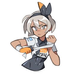 Rule 34 | 1girl, bandaged hand, bandages, bea (pokemon), black bodysuit, black bow, black hairband, bodysuit, bodysuit under clothes, bow, closed mouth, covered navel, cropped shirt, cropped torso, dark-skinned female, dark skin, furrowed brow, gloves, grey eyes, grey hair, hairband, looking at viewer, nintendo, pokemon, pokemon swsh, short hair, short sleeves, single glove, solo, starrymarii, tan, two-tone gloves, upper body, white background