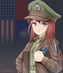 1girl absurdres american_flag artist_name blonde_hair bomber_jacket brown_jacket collared_shirt commentary flag_background flying_tigers green_hat green_necktie green_shirt grin hat highres jacket kuomintang leochan1202 long_hair looking_at_viewer military military_uniform necktie original patch peaked_cap red_hair republic_of_china_flag shirt shoulder_patch smile solo upper_body world_war_ii