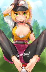 10s 1girl areola_slip arm_up bad_id bad_tumblr_id barefoot baseball_cap black_gloves black_leggings blonde_hair blush breasts breasts_apart choker covered_erect_nipples feet female_focus female_protagonist_(pokemon_go) fingerless_gloves gloves green_eyes hat leggings long_hair looking_at_viewer nail_polish naso4 nintendo nipple_slip nipples no_bra no_shoes pantyhose poke_ball pokemon pokemon_go smile soles solo toeless_legwear toenail_polish toenails toes yellow_nails