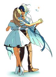 1boy 1girl absurdres aehobakjeon arknights boots brown_pants closed_eyes dancing dress full_body grey_hair happy high_heel_boots high_heels high_ponytail highres irene_(arknights) long_hair long_sleeves lumen_(arknights) open_mouth pants ponytail puffy_long_sleeves puffy_sleeves shirt simple_background smile white_background white_dress white_footwear white_shirt