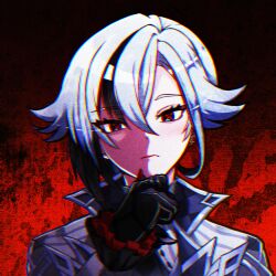 1girl arlecchino_(genshin_impact) black_eyes black_gloves black_hair chromatic_aberration closed_mouth genshin_impact gloves hair_between_eyes highres kourimizu_suika looking_at_viewer multicolored_hair portrait red_lips red_pupils short_hair solo symbol-shaped_pupils two-tone_hair white_hair x-shaped_pupils