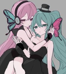 aqua_eyes aqua_hair blue_eyes bug butterfly butterfly_hair_ornament butterfly_wings hair_ornament hat hatsune_miku headphones headset insect insect_wings long_hair magnet_(vocaloid) megurine_luka mini_hat mini_top_hat multiple_girls pink_eyes pink_hair simple_background smile top_hat twintails very_long_hair vocaloid wings yukia_1128 yuri