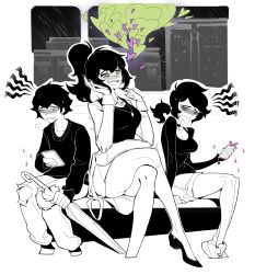 1boy 2girls absurdres aierlaobo andrew_graves ashley_graves bag blush bra_strap breasts brother_and_sister cellphone choker cleavage commentary crossed_legs english_commentary frown green_eyes greyscale handbag heart highres holding holding_phone holding_umbrella large_breasts monochrome mother_and_daughter mother_and_son multiple_girls open_mouth phone pink_eyes ponytail rain renee_graves shoes short_shorts shorts siblings smartphone smile sneakers spot_color sweater the_coffin_of_andy_and_leyley umbrella window