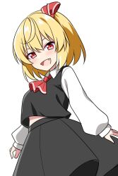 1girl ascot black_skirt black_vest blonde_hair blush collared_shirt commentary fang hair_ribbon highres long_sleeves looking_at_viewer medium_hair open_mouth red_ascot red_eyes red_ribbon ribbon rise_(rise19851203) rumia shirt simple_background skirt skirt_set smile solo touhou vest white_background white_shirt