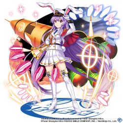 1girl alternate_costume animal_ears boots bullet closed_mouth collared_shirt copyright_name copyright_notice full_body game_cg high_heels jacket long_hair looking_at_viewer purple_hair rabbit_ears rabbit_girl rabbit_tail reisen_udongein_inaba reisen_udongein_inaba_(special_investigation_white_rabbit) rocket rotte_(1109) shirt solo tail thighhighs third-party_source touhou touhou_lostword white_boots white_jacket white_shirt white_thighhighs