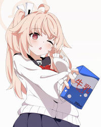 1girl blue_archive grey_skirt halo highres kame_(nokonoko10271) long_hair milk_carton natsu_(blue_archive) neckerchief one_eye_closed pink_hair pink_halo red_eyes red_neckerchief shirt side_ponytail simple_background skirt sleeves_past_fingers sleeves_past_wrists v white_background white_shirt