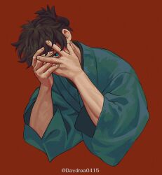 Rule 34 | 1boy, absurdres, blue eyes, brown hair, cropped torso, day dream, fate/grand order, fate/samurai remnant, fate (series), hands on own face, highres, japanese clothes, kimono, looking at viewer, male focus, miyamoto iori (fate), red background, simple background, solo, topknot