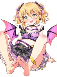 Rule 34 | 1girl, bare shoulders, barefoot, belt, black choker, black skirt, blonde hair, blush, bow, chest harness, choker, collarbone, commentary, crop top, cross-laced clothes, cross-laced top, demon wings, detached sleeves, earrings, fang, frilled shirt, frilled skirt, frilled sleeves, frills, green eyes, hair bow, hand on ground, harness, heart, heart earrings, heart in eye, heart o-ring, highres, idolmaster, idolmaster cinderella girls, idolmaster cinderella girls starlight stage, jewelry, knees apart feet together, knees up, layered skirt, looking at viewer, michii yuuki, nail polish, navel, o-ring, o-ring belt, official alternate costume, official alternate hairstyle, open clothes, plaid bow, plaid clothes, plaid skirt, plaid sleeves, purple bow, purple shirt, purple skirt, purple sleeves, sakurai momoka, shirt, simple background, sitting, skirt, smile, solo, symbol in eye, toenail polish, toenails, twintails, wavy hair, white background, wings