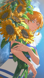 1girl absurdres bare_arms blue_shirt blue_sky bouquet breasts closed_mouth cloud cloudy_sky commentary flower highres holding holding_flower looking_at_viewer matching_hair/eyes medium_breasts mygiorni nami_(one_piece) nami_(one_piece)_(east_blue) one_piece orange_eyes orange_hair outdoors shirt short_hair short_sleeves single_sidelock sky smile solo sunflower two-tone_shirt upper_body white_shirt