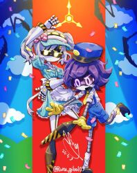 1boy 1girl alternate_costume ankle_socks annoyed apron black_shoes blue_hat blue_overskirt blue_sky bow buttons caution_tape cloud collared_dress dated dress frilled_apron frilled_dress frilled_headwear frills gloves hand_up hat hat_bow j_(murder_drones) lapels leg_up long_sleeves loose_socks mesmerizer_(vocaloid) murder_drones necktie notched_lapels parody peaked_cap pink_bow pinstripe_dress pinstripe_pattern puffy_long_sleeves puffy_sleeves purple_eyes robot ruru_gibal09 shaded_face shirt shoes short_dress short_twintails signature sky sleeve_cuffs socks spotlight twintails twitter_username uzi_(murder_drones) visor_cap waist_apron white_apron white_shirt white_socks yellow_eyes yellow_gloves yellow_necktie