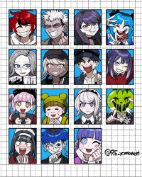 +_+ 6+boys 6+girls ^_^ amemiya_darumi aotsuki_eito black_choker black_hair black_hairband black_hat blue_hair blue_hat choker clenched_hands closed_eyes dark-skinned_female dark-skinned_male dark_skin eyepatch furukawa_(yomawari) ginzaki_shouma glasses green_hat grey_hair grin hairband hashtag-only_commentary hat highres jacket kawana_tsubasa kirifuji_nozomi laughing long_hair magadori_kyoshika makeup maruko_gaku mojiro_moko multicolored_hair multiple_boys multiple_girls omokage_yugamu one_eye_closed oosuzuki_kurara open_mouth pink_hair pointing pointing_at_viewer purple_hair red_eyes red_hair red_jacket runny_makeup school_uniform shizuhara_hiruko simple_background smile streaked_hair sumino_takumi sunglasses the_hundred_line_-last_defense_academy- tongue tongue_out tsukumo_ima tsukumo_kako twitter_username white_hairband yakushiji_takemaru