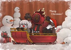 1boy 1girl 1other antlers black_pants black_ribbon charon_(project_moon) christmas closed_mouth dante_(limbus_company) fake_antlers grey_eyes grey_hair hair_ribbon highres horns limbus_company long_hair looking_to_the_side low_twintails pants parted_bangs project_moon red_eyes reindeer_antlers ribbon sitting sled snowman twintails vergilius_(project_moon) very_long_hair white_hair yatsumeunagi