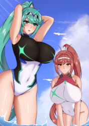 2girls bare_legs bikini breasts core_crystal glimmer_(xenoblade) green_eyes green_hair highres large_breasts momosuke_(user_pupa3454) mother_and_daughter multiple_girls nintendo one-piece_bikini pneuma_(xenoblade) red_eyes red_hair swimsuit xenoblade_chronicles_(series) xenoblade_chronicles_2 xenoblade_chronicles_3 xenoblade_chronicles_3:_future_redeemed
