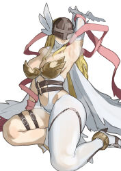 1girl absurdres angel_wings angewomon arm_up armpits asymmetrical_clothes asymmetrical_footwear bare_shoulders belt black_belt blonde_hair bodysuit boots breasts cleavage clothing_cutout commentary_request covered_eyes digimon digimon_(creature) elbow_gloves full_body gloves hagoromo helmet helmet_over_eyes high_heel_boots high_heels highres holy_ring large_breasts long_hair miao_jiangyou mismatched_footwear multiple_wings navel o-ring o-ring_belt parted_lips presenting_armpit shawl simple_background single_elbow_glove sitting skindentation solo steam stomach stomach_cutout thigh_belt thigh_strap white_background white_bodysuit white_boots white_gloves winged_helmet wings wrist_wings yokozuwari zipper