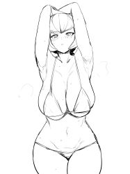 1girl :c armpits arms_behind_head bare_shoulders bikini blush breasts cleavage collarbone cowlick creatures_(company) eyelashes frown game_freak highres large_breasts looking_at_viewer mars_(pokemon) megao_3rd navel nintendo pokemon pokemon_dppt simple_background solo steaming_body sweat swimsuit white_background