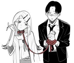 1boy 1girl animal_collar bound bound_wrists camisole coat collar collared_shirt dee_(tannsumi) formal_clothes gakuen_idolmaster glasses hair_ornament hairclip highres holding holding_key idolmaster jacket key lapels leash light_smile long_hair looking_at_another necktie parallel_hairclips shinosawa_hiro shirt short_hair simple_background spot_color suit white_background