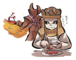 1boy 1girl apron armor chopsticks cooking crucible_knight crucible_knight_ordovis eating elden_ring fire frying_pan helmet lady_tanith_(elden_ring) mask rice tirarizun translated white_background