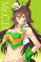 1girl absurdres ahoge animal_ears armband breasts brown_hair character_name choker cleavage closed_mouth cropped_jacket green_background green_eyes groin hair_between_eyes hair_ornament hairclip halftone halftone_background hand_on_own_hip hat highres horse_ears horse_girl horse_tail jacket long_hair looking_at_viewer medium_breasts midriff mini_hat mini_top_hat mr._c.b._(umamusume) navel shirt single_wrist_cuff smile solo strapless strapless_shirt tail top_hat umamusume white_jacket wrist_cuffs yangmal_(uma_red_sheep)